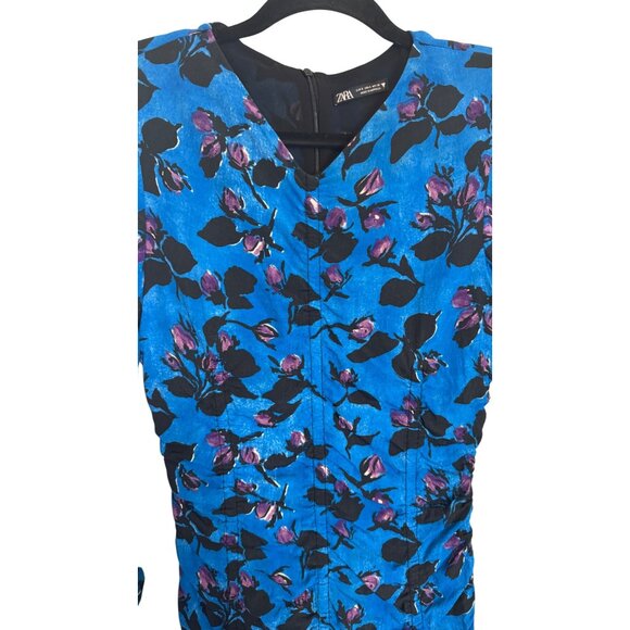 Zara Small Floral Ruched Mini Dress Long Sleeves With Zipper Blue/Black/Purple - Picture 4 of 14